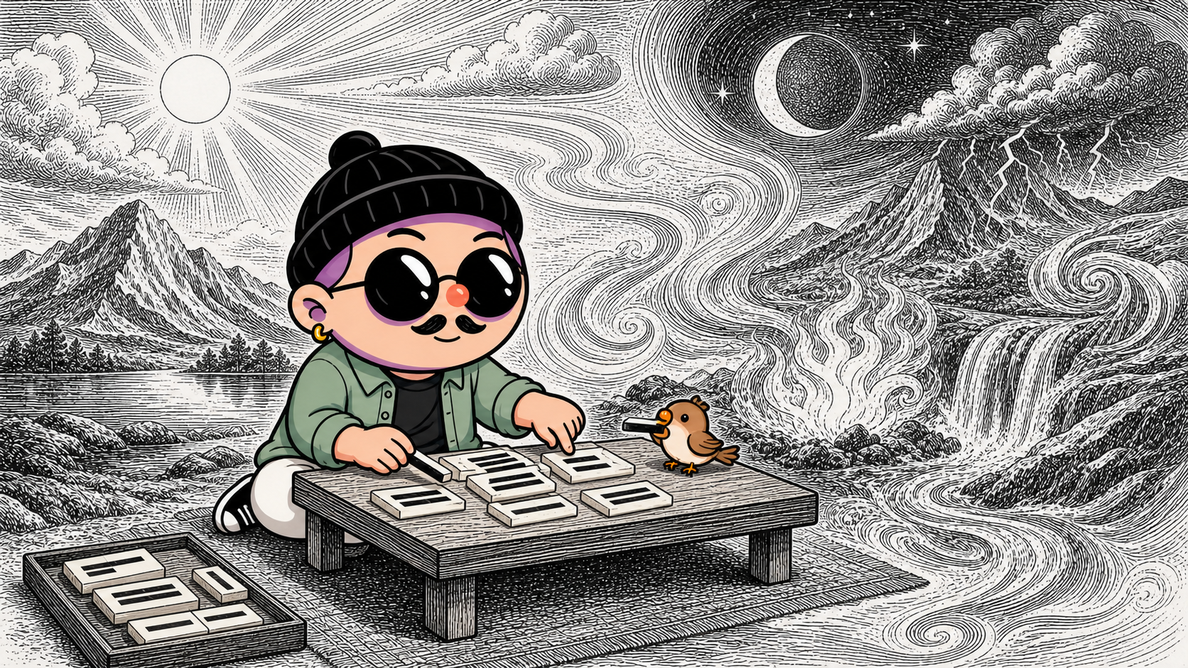 The Guanxiang character and sparrow arrange solid and broken lines while contrasting natural forces move behind them.