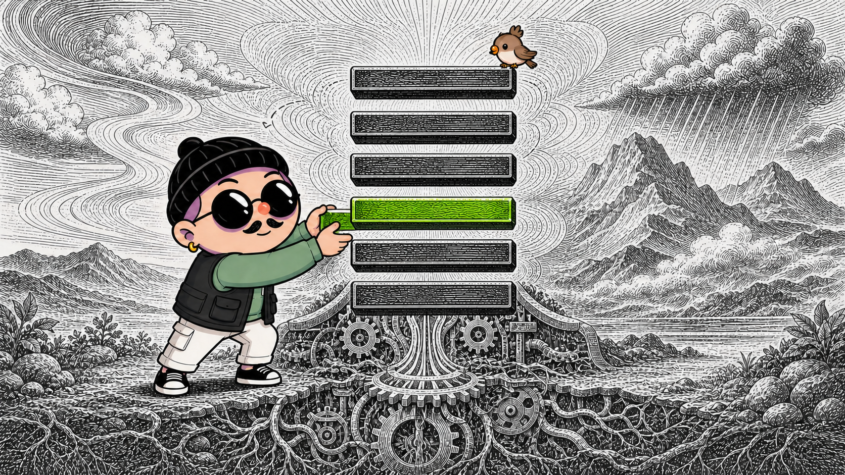 The Guanxiang character places the active fourth line into a six-level structure rising from an engraved mechanism.
