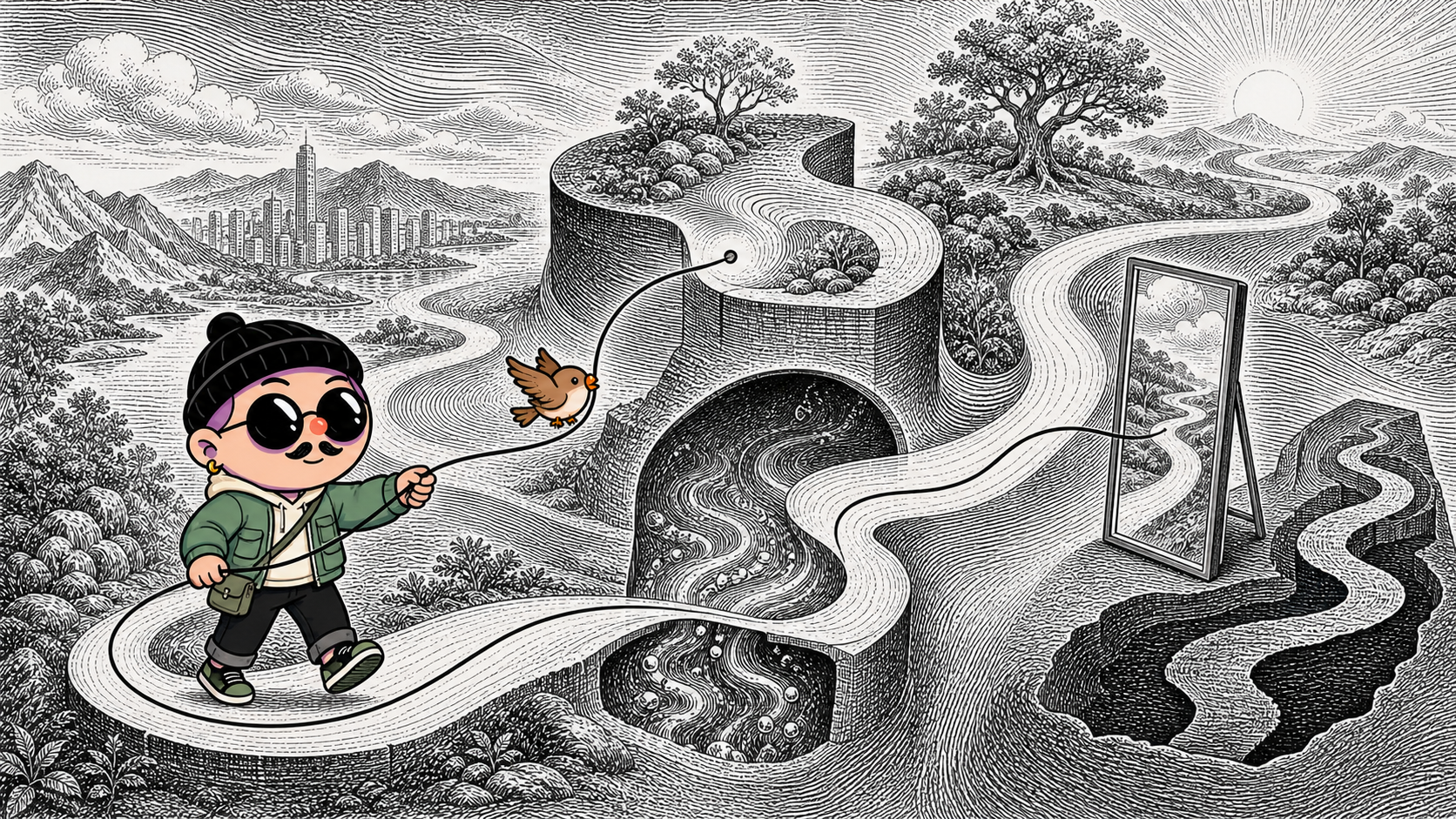 The Guanxiang character follows one continuous path through an inner process, a changed direction, a reflection, and a contrast.