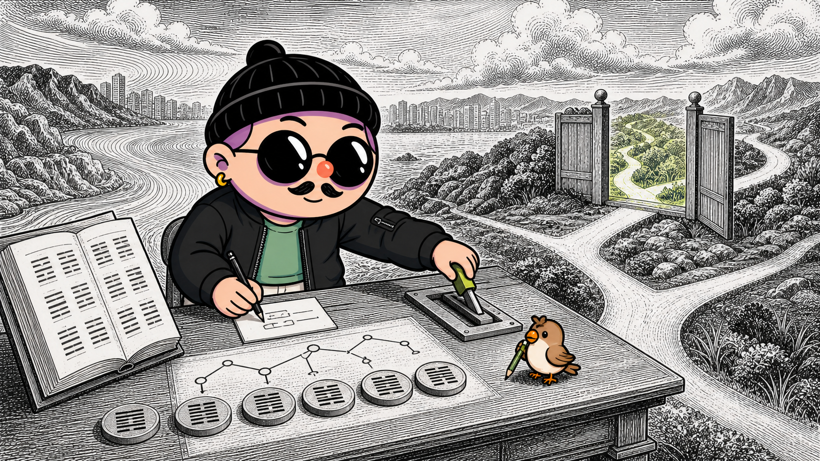 The Guanxiang character completes a reading at a desk and opens a different path by moving one part of the structure.