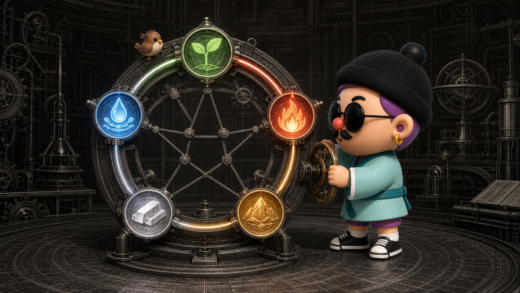 The Guanxiang character turns a five-part mechanism for Wood, Fire, Earth, Metal, and Water.