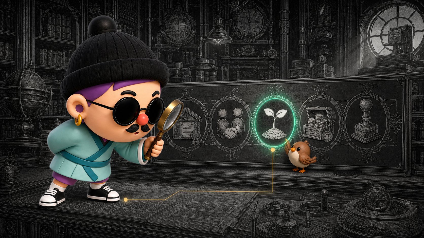 The Guanxiang character uses a magnifying glass to select one role from five stations.
