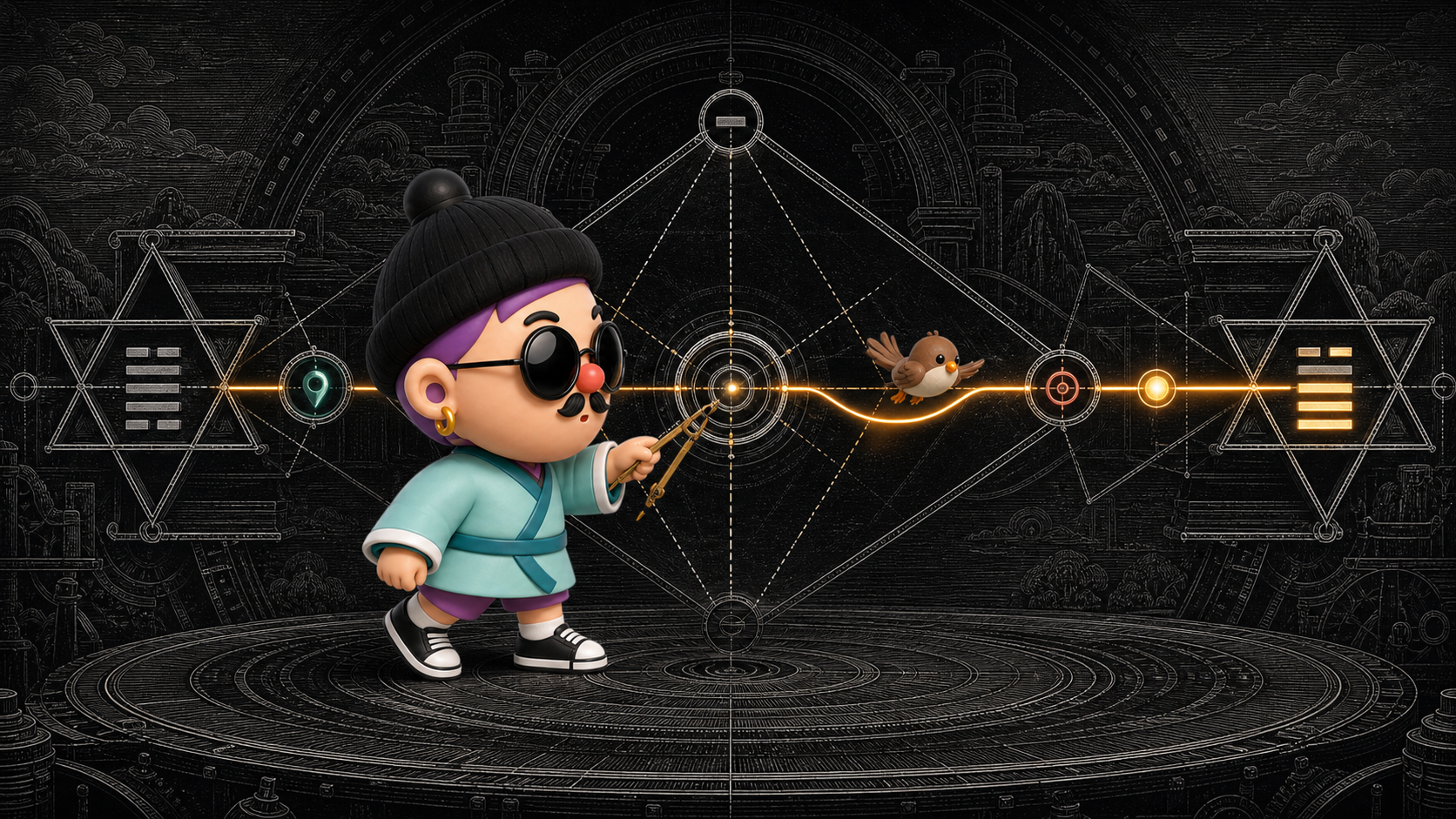 The Guanxiang character follows one illuminated Moving Line from the present configuration toward a possible change.